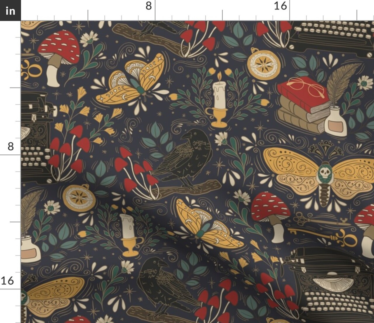 Dark Academia Moth Raven mushrooms Feather Candle Moody Typewriter Goth Gothcore Red Yellow Black Teal Navy Custom Printed Fabric by Spoonflower Various Fabrics by the Yard or Fat Quarter